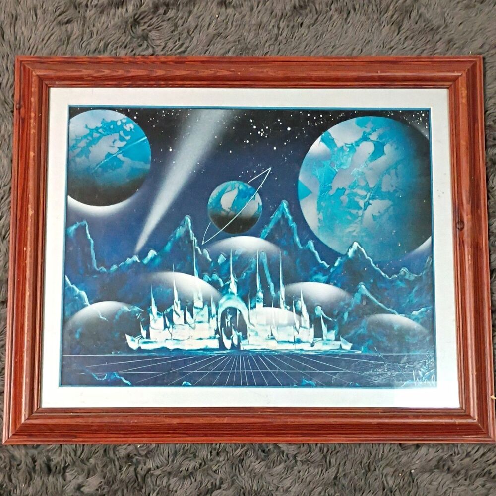Framed Signed Space Planets Mountain Landscape Paper Print, Fantasy Art